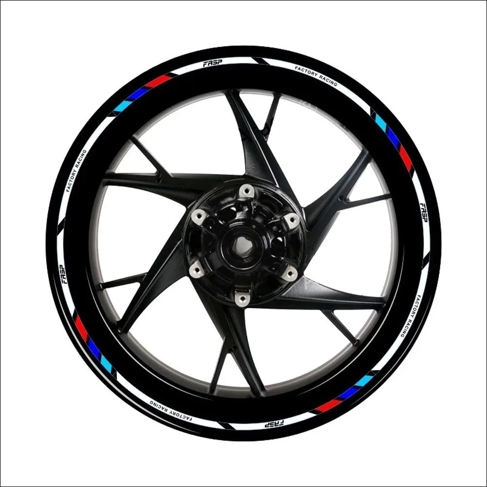 Décoration jante moto noir avec liserets bleu blanc rouge et mention factory racing