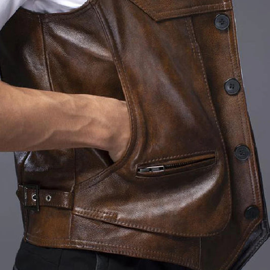 Gilet-biker-en-cuir-marron-vintage-detail