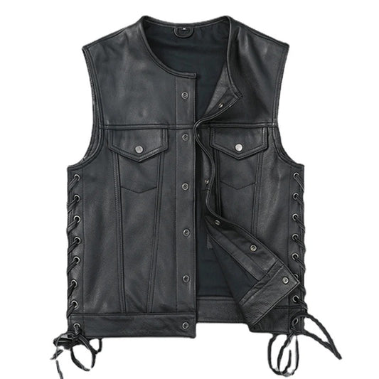 Gilet biker en cuir noir pour homme avec laçage latéral et poches à rabat