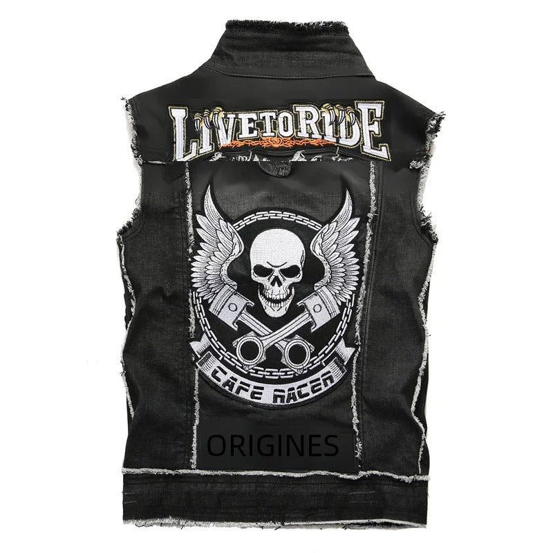 Gilet biker en jean noir sans manches avec patchs skull et motifs Café Racer et Live to ride