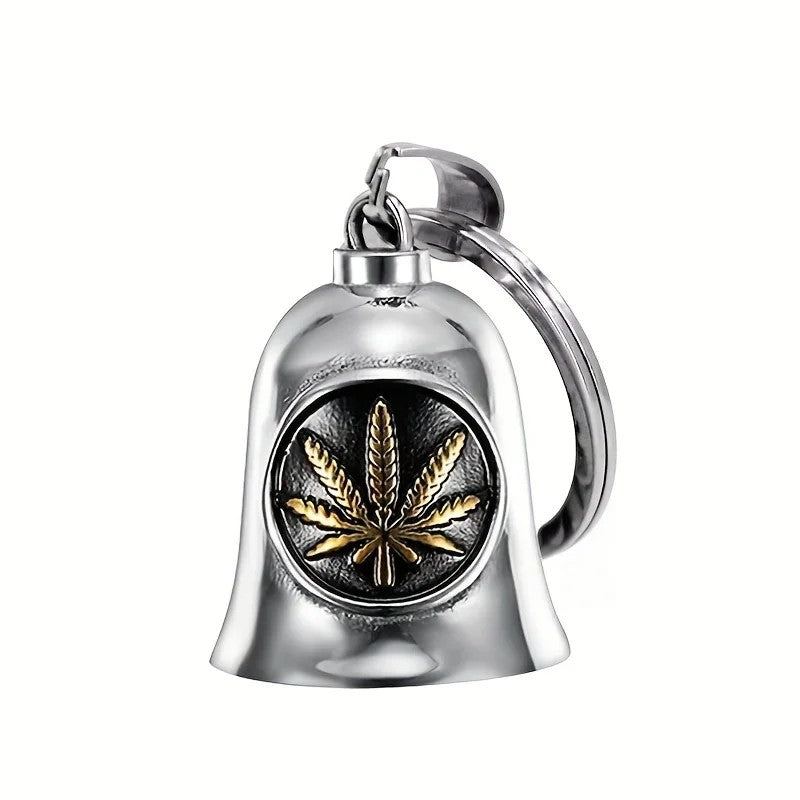 Guardian Bell pour motard avec feuille de cannabis dorée, grelot porte-bonheur en métal chromé