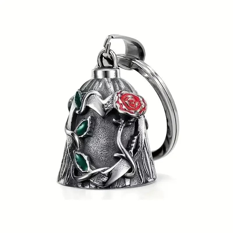 Clochette Guardian Bell pour moto avec rose rouge et feuillage vert en relief