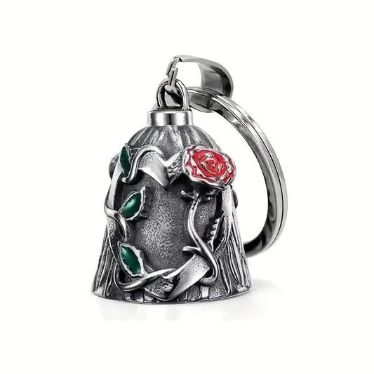 Clochette Guardian Bell pour moto avec rose rouge et feuillage vert en relief