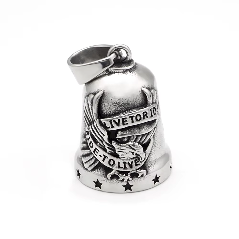 Clochette des Gardiens moto Live to Ride en acier argenté avec aigle et inscriptions.