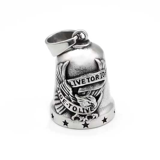 Clochette des Gardiens moto Live to Ride en acier argenté avec aigle et inscriptions.