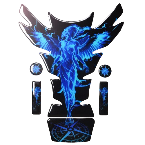 Sticker de réservoir moto avec femme ailée bleue et effet lumineux, design en plusieurs parties