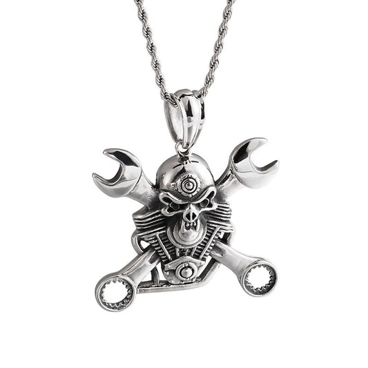 Pendentif biker moteur V-Twin avec tête de mort et clés croisées