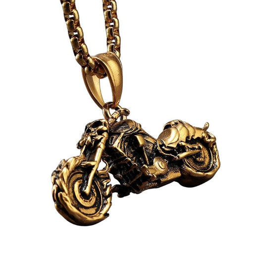 Pendentif moto Ghost Rider doré en acier inoxydable avec chaîne