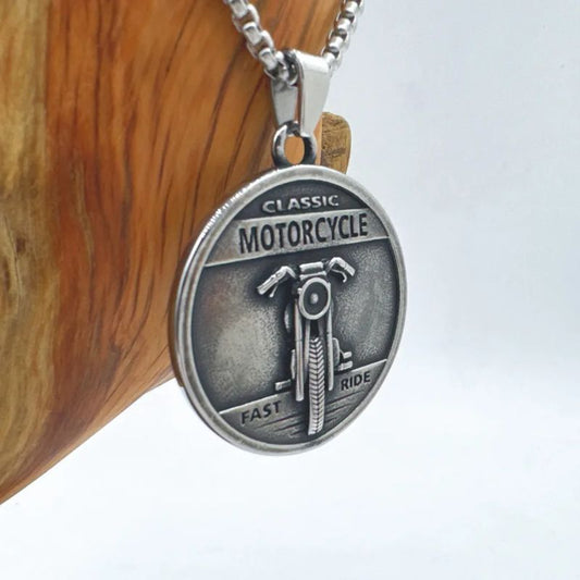 Pendentif moto double face en acier inoxydable avec gravures Classic Motorcycle