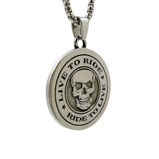 Pendentif moto double face en acier inoxydable avec gravures Live to Ride