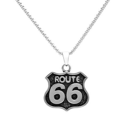 Pendentif moto Route 66 en acier inoxydable noir et argent