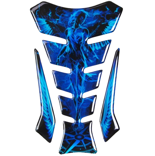 Protection de réservoir moto avec silhouette féminine bleue lumineuse et ailes d’ange