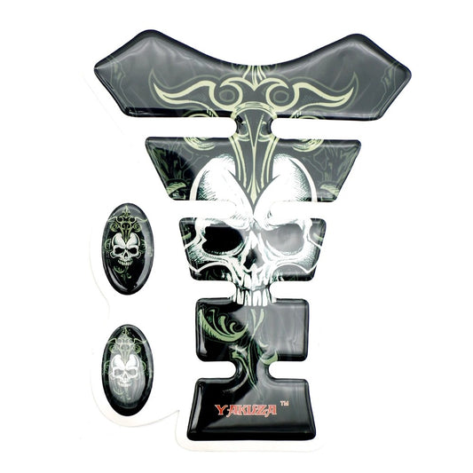 Protection de réservoir moto avec crâne blanc tribal et logo Yakuza