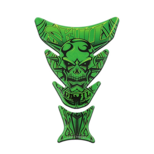 Protection de réservoir moto verte avec motif crâne et inscription "Devil"