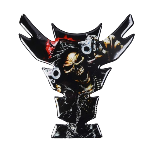 Protège-réservoir moto avec motif tête de mort armée et revolver, style agressif