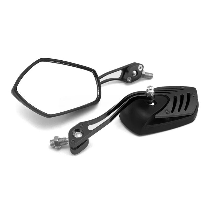 Rétroviseur moto noir au design angulaire moderne en aluminium, fixation universelle