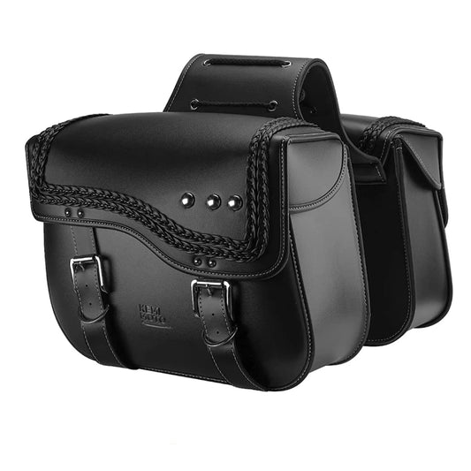 Sacoche cavalière moto en cuir noir 30L étanche, design touring pour motards exigeants