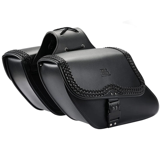 Sacoche cavalière moto en cuir noir pour custom type Sportster, style vintage et tressage décoratif