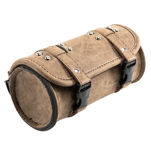 Sacoche de fourche moto beige style vintage avec finitions effet cuir usé