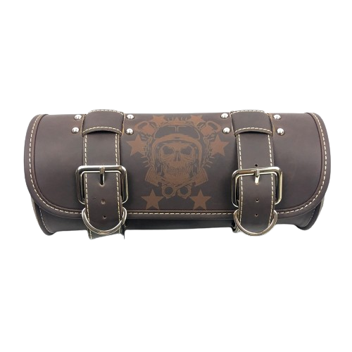 Sacoche de fourche moto en cuir PU avec design tête de mort et boucles métalliques pour motard style biker