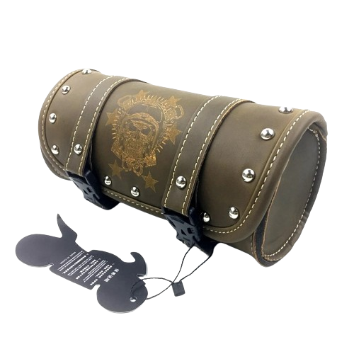 Sacoche de fourche moto kaki avec gravure tête de mort et clous chromés style vintage biker