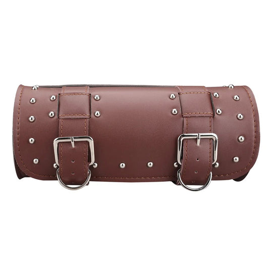 Sacoche de fourche moto marron cloutée avec boucles métalliques brillantes et finition classique