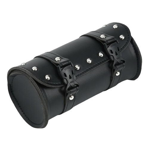 Sacoche de fourche moto noire cloutée avec deux sangles et boucles têtes de mort, style agressif