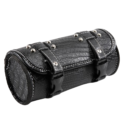 Sacoche de fourche moto noire imitation cuir croco avec rivets et fermeture rapide
