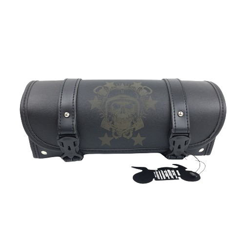 Sacoche de fourche moto noire avec motif tête de mort discret et boucles noires