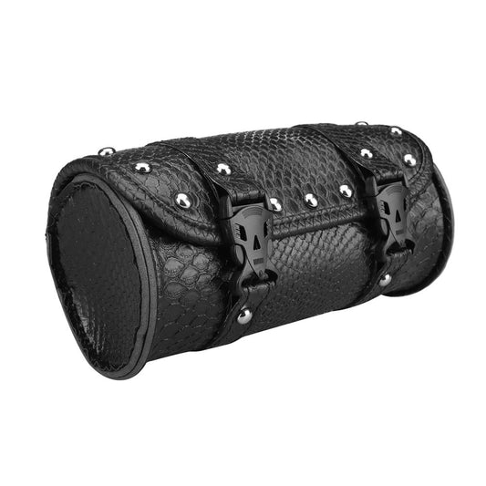 Sacoche de fourche moto noire aspect reptile avec boucles à motif tête de mort