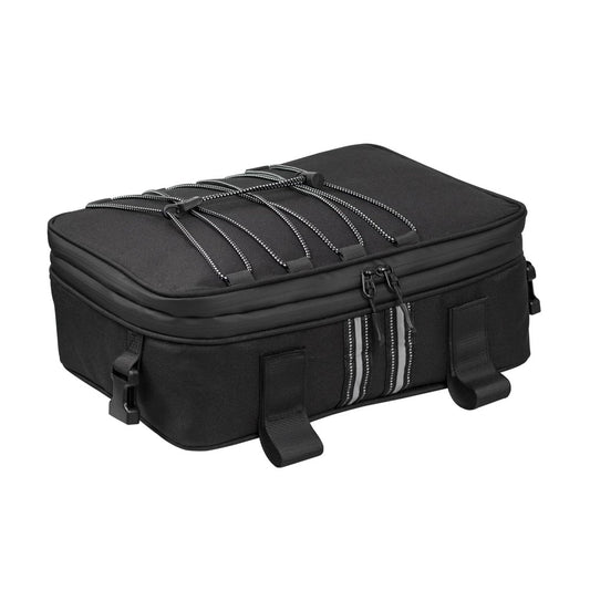 Sacoche de selle moto arrière noire avec fixations multiples pour top case, idéale pour les trajets urbains et touring
