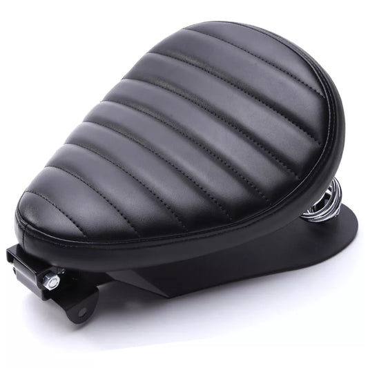 Selle moto noire à coutures horizontales pour bobber, confort renforcé avec ressorts amortisseurs