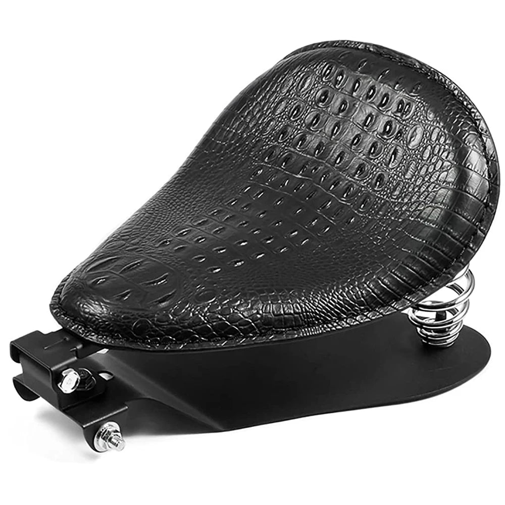 Selle moto noire imitation cuir crocodile avec ressorts, pour un look audacieux et original
