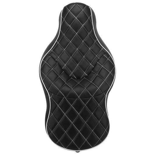 Selle moto double place noire avec coutures losange, look rétro pour custom ou Harley Davidson