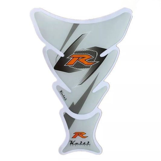 Sticker de réservoir moto blanc et gris avec lettrage R orange et look racing