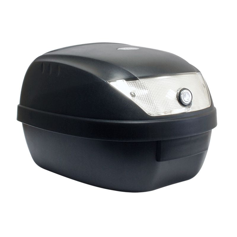 Top case moto 28L noir avec réflecteur blanc, parfait pour les scooters ou petits deux-roues