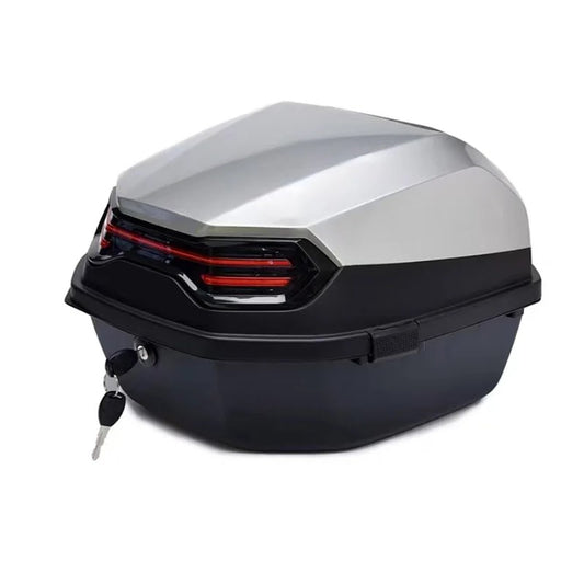 Top case moto 30L argent métallisé avec feux arrière intégrés