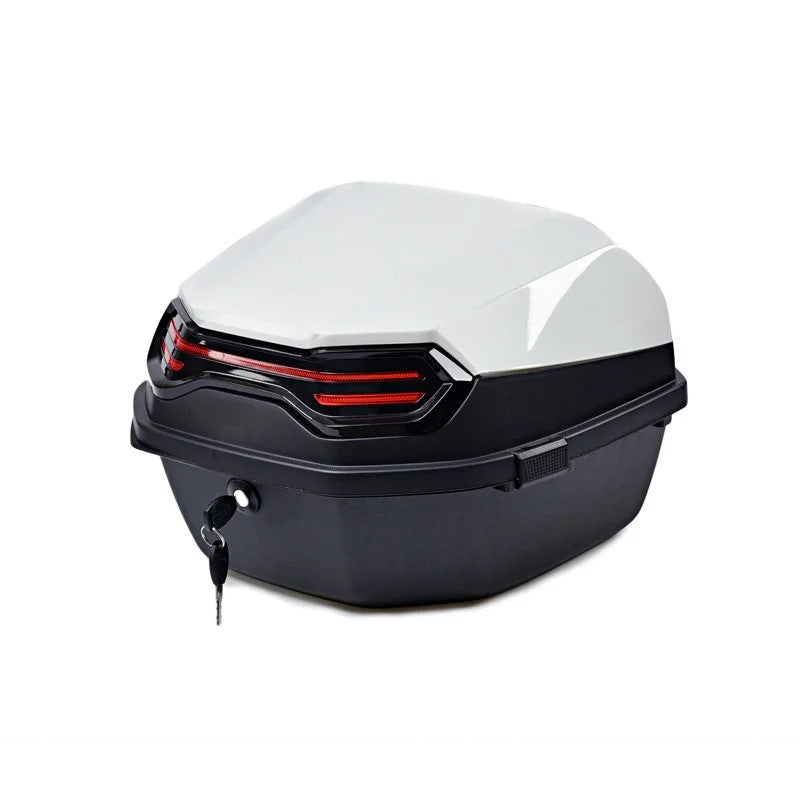 Top case moto 30L blanc brillant avec feux LED rouges arrière