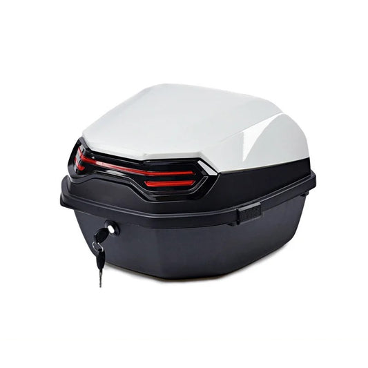Top case moto 30L blanc brillant avec feux LED rouges arrière