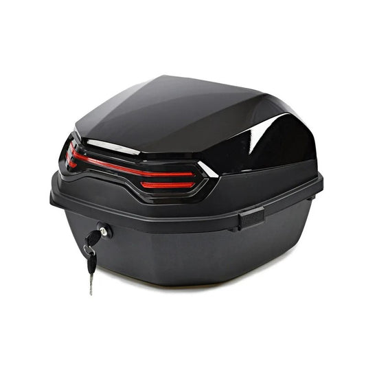 Top case moto 30L noir brillant avec feux LED rouges stylés