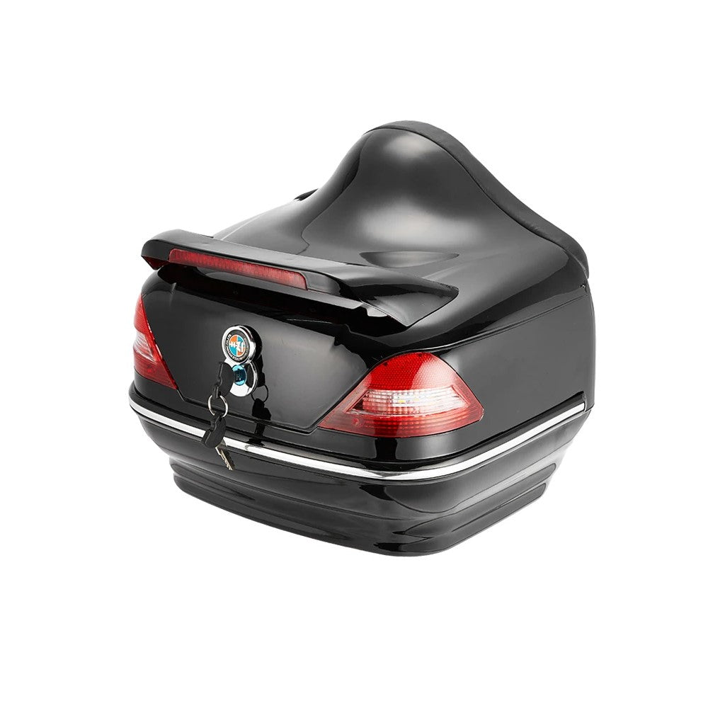 Top case moto noir avec dossier confortable et style custom élégant