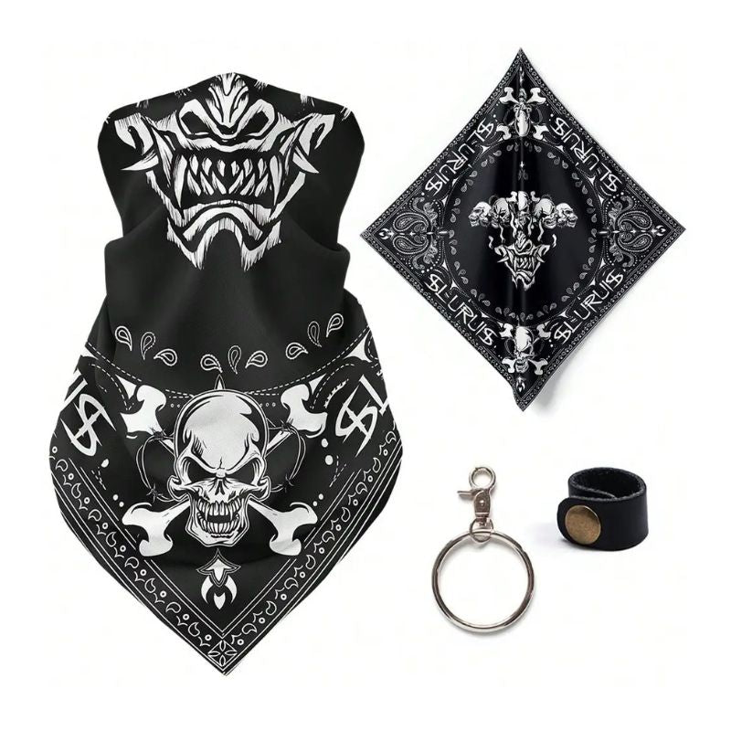 Tour de cou moto noir avec motif squelette et croix pour style biker