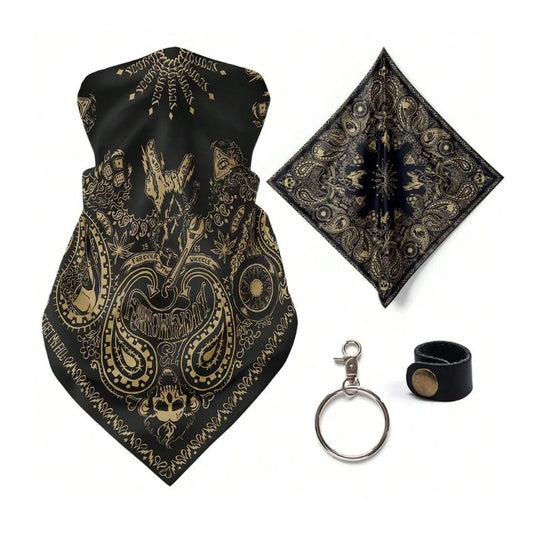 Tour de cou moto hippie noir et doré rosace style biker avec accessoires