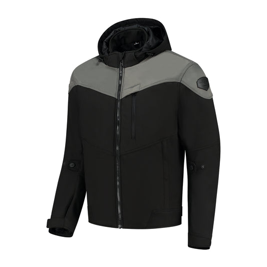 Veste à capuche moto softshell noire et grise avec protections CE