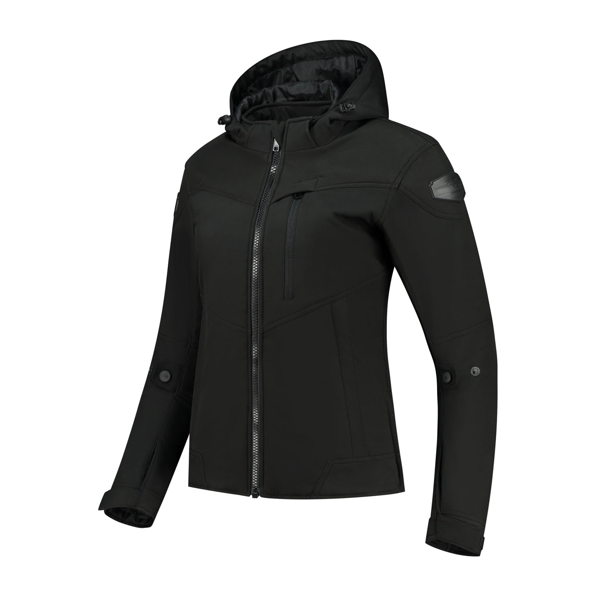 Veste de moto femme softshell noire avec protections CE et capuche amovible