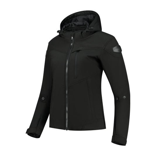 Veste de moto femme softshell noire avec protections CE et capuche amovible
