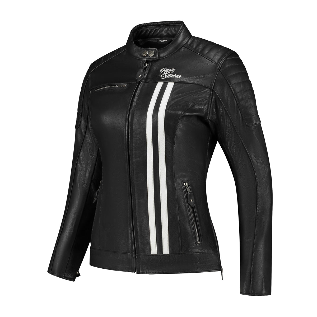 Veste en cuir pour moto femme noire rétro avec bandes blanches