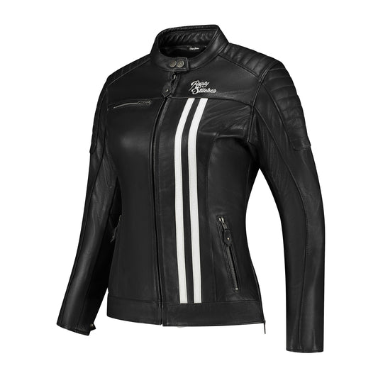 Veste en cuir pour moto femme noire rétro avec bandes blanches