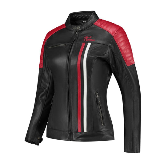Veste moto en cuir femme noire avec empiècements rouges et blancs