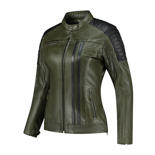 Veste moto en cuir femme style rétro vert homologuée CE